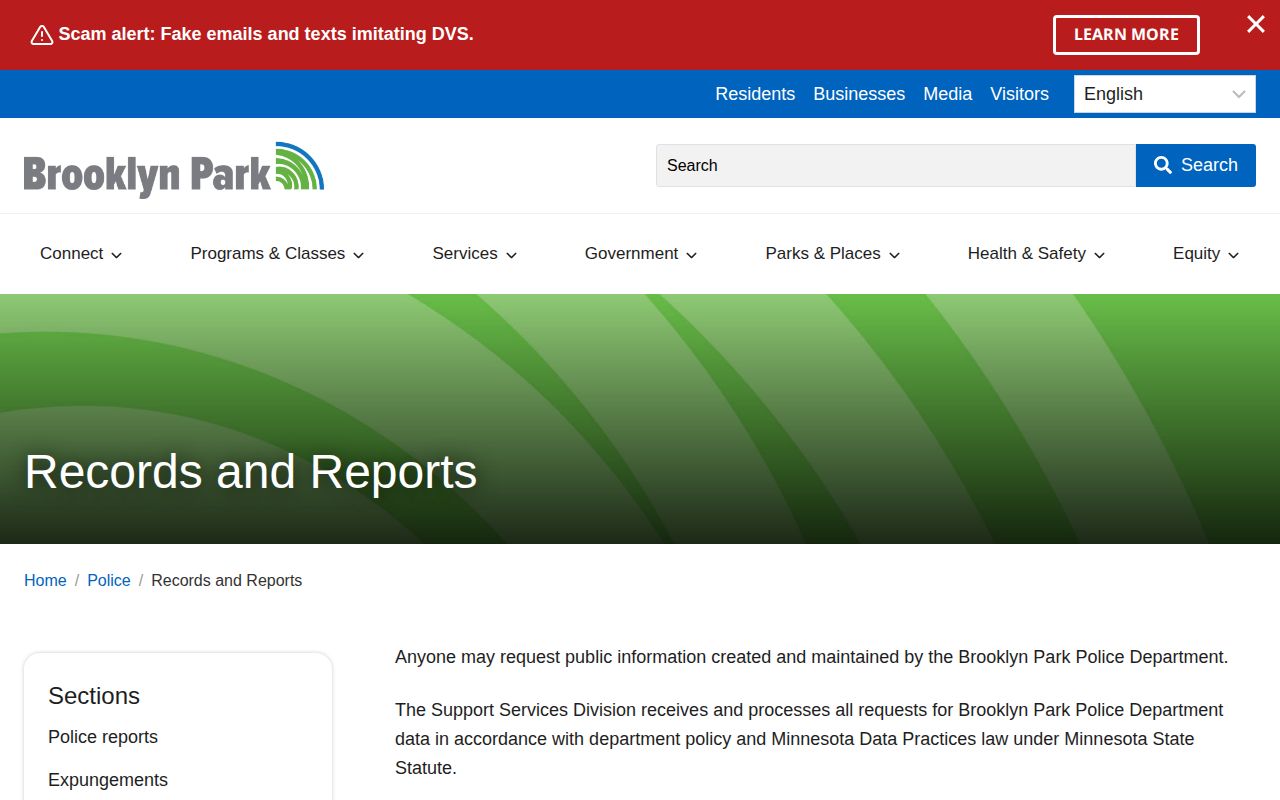 Brooklyn Park Police Hennepin County arrest-record and JustFOIA request page