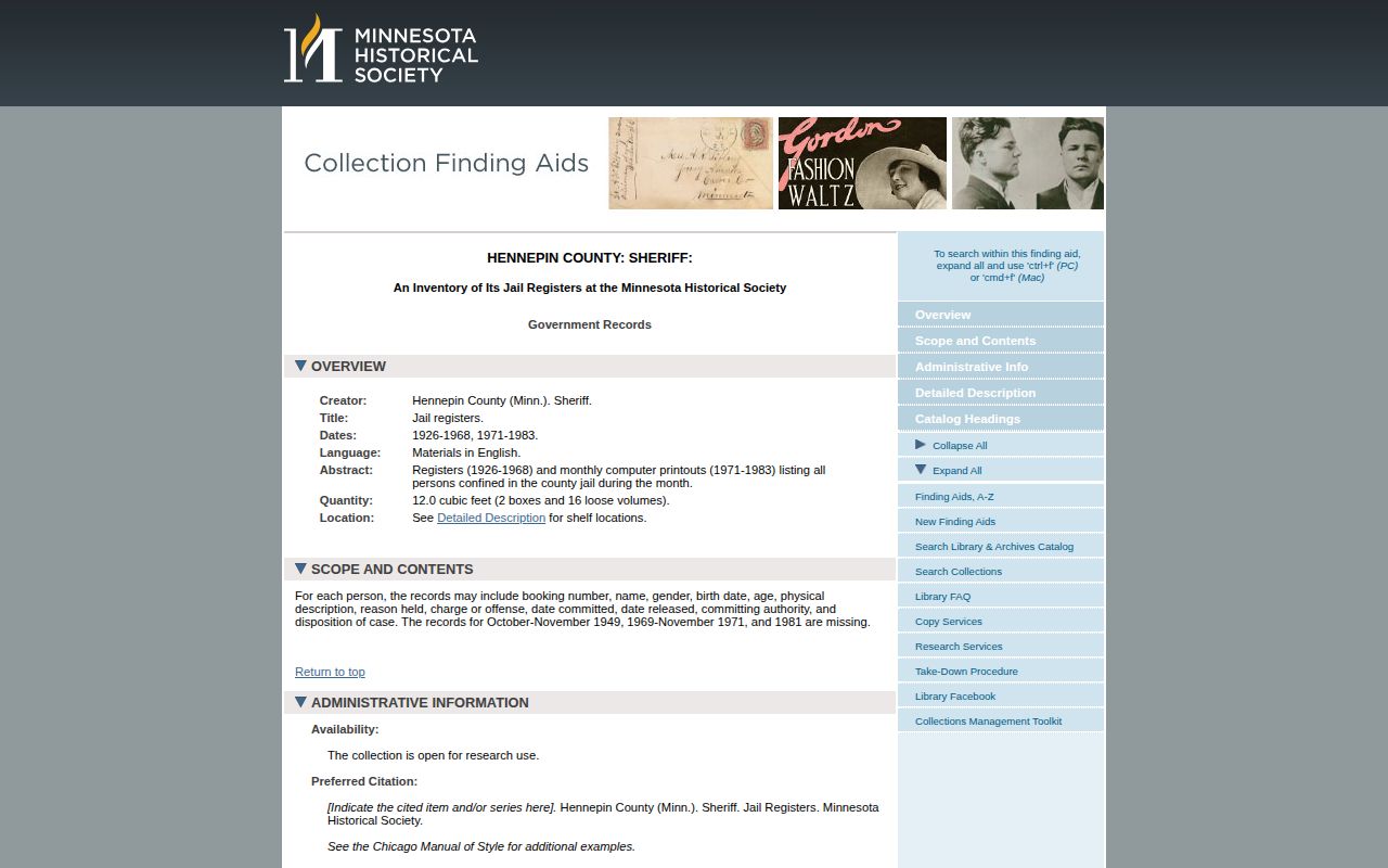 Hennepin County historical sheriff jail record archive finding aid