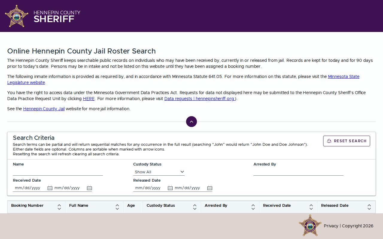 Hennepin County jail roster booking record search form