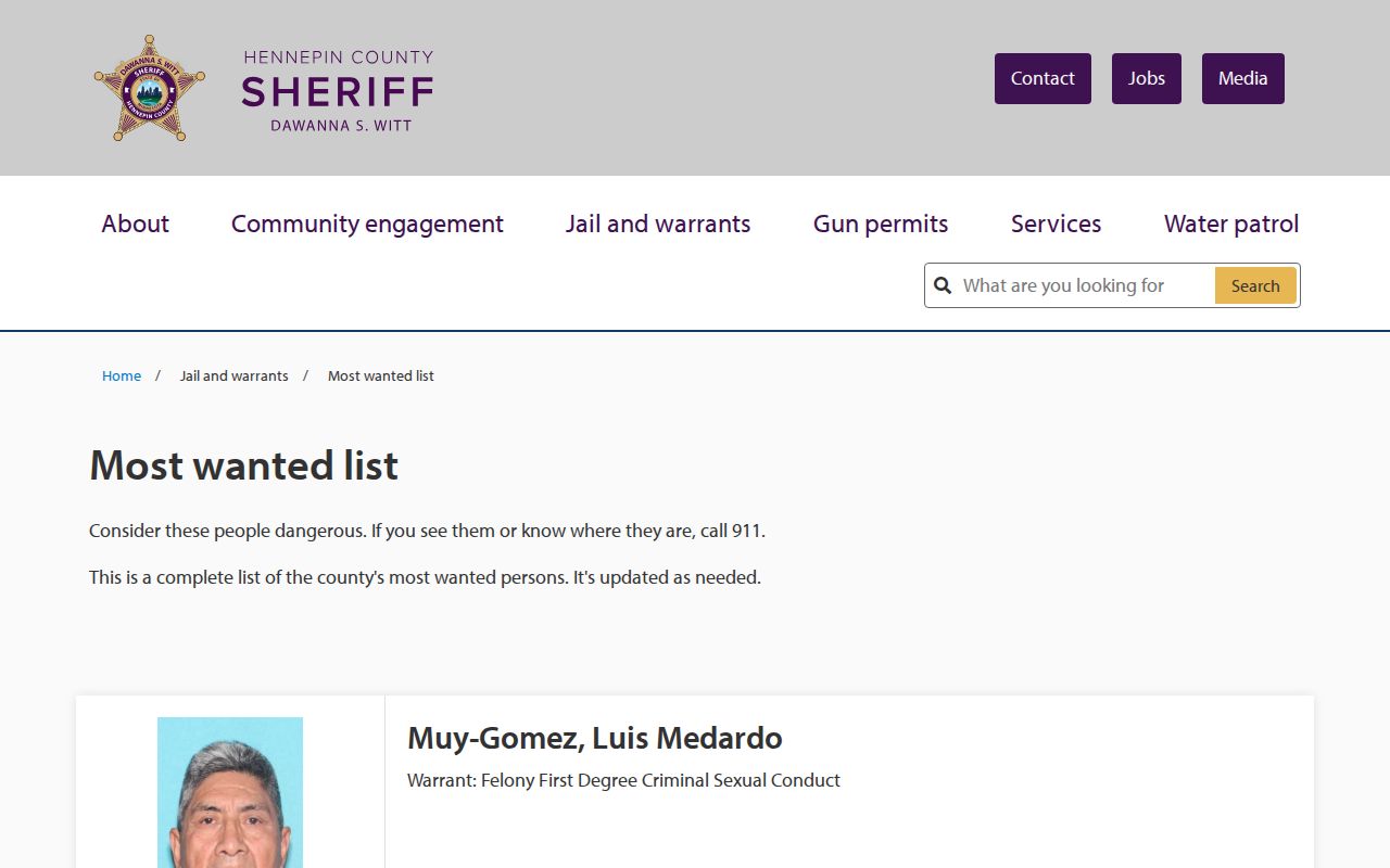 Hennepin County Sheriff’s Office Most Wanted warrant listing page