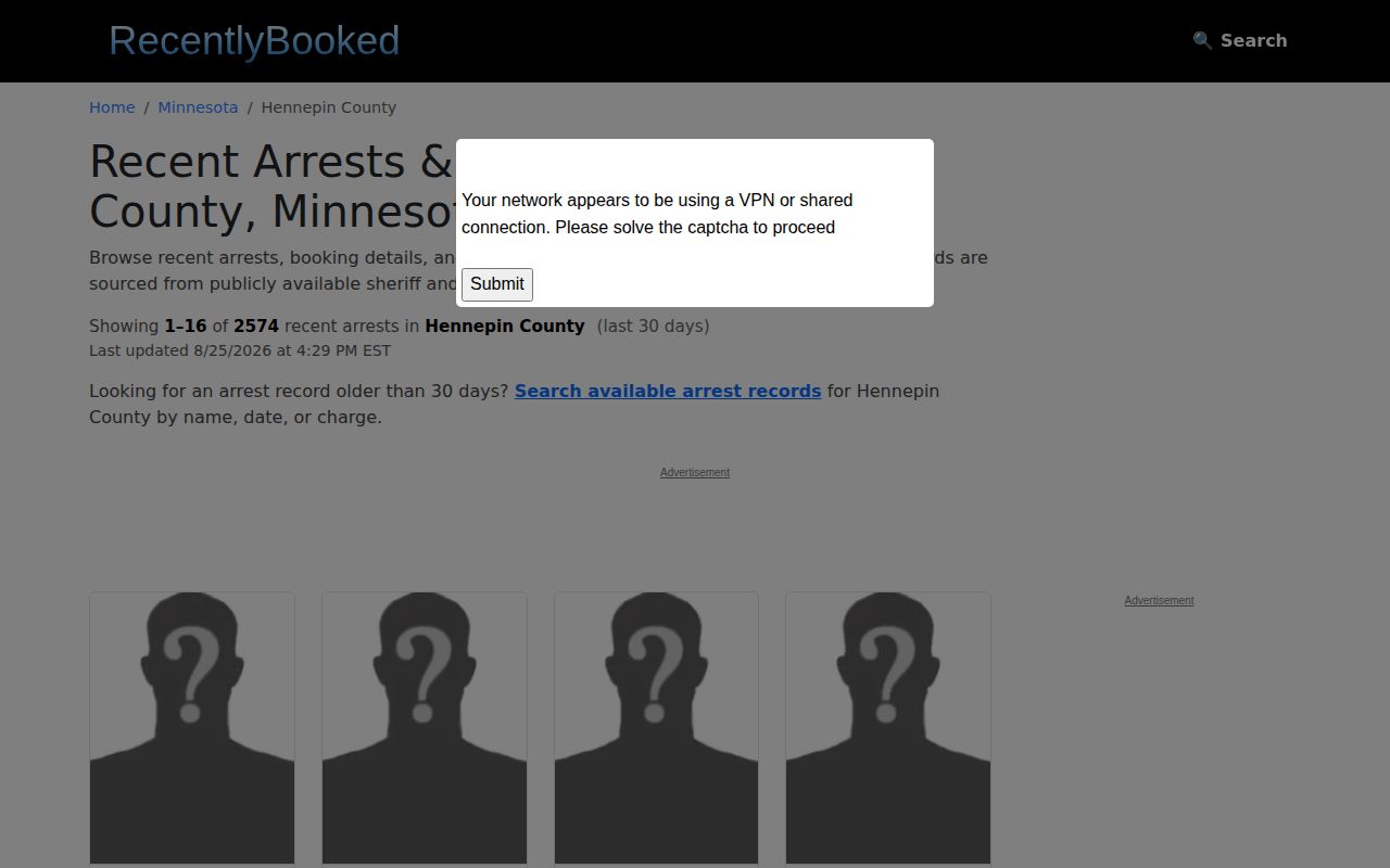 Unofficial Hennepin County booking record source requiring verification