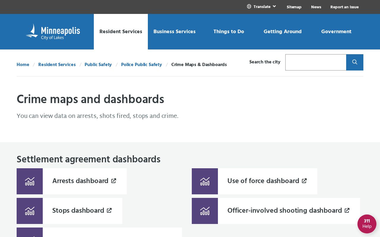 Minneapolis Police Department arrest dashboard landing for aggregate arrest records